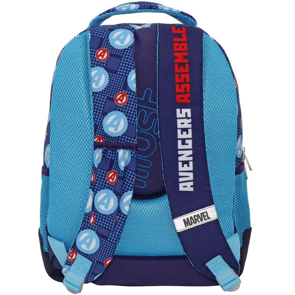 Avengers 17-inch backpack with blue mesh back panel and patterned logo straps