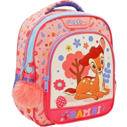 Pink kids 3D backpack with Bambi front graphic, pom-pom, two compartments