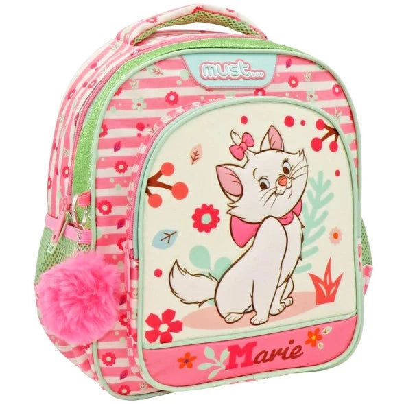 Kids' pink-and-green backpack with cat print, front zipper, and fuzzy pom-pom