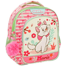 Kids' pink-and-green backpack with cat print, front zipper, and fuzzy pom-pom