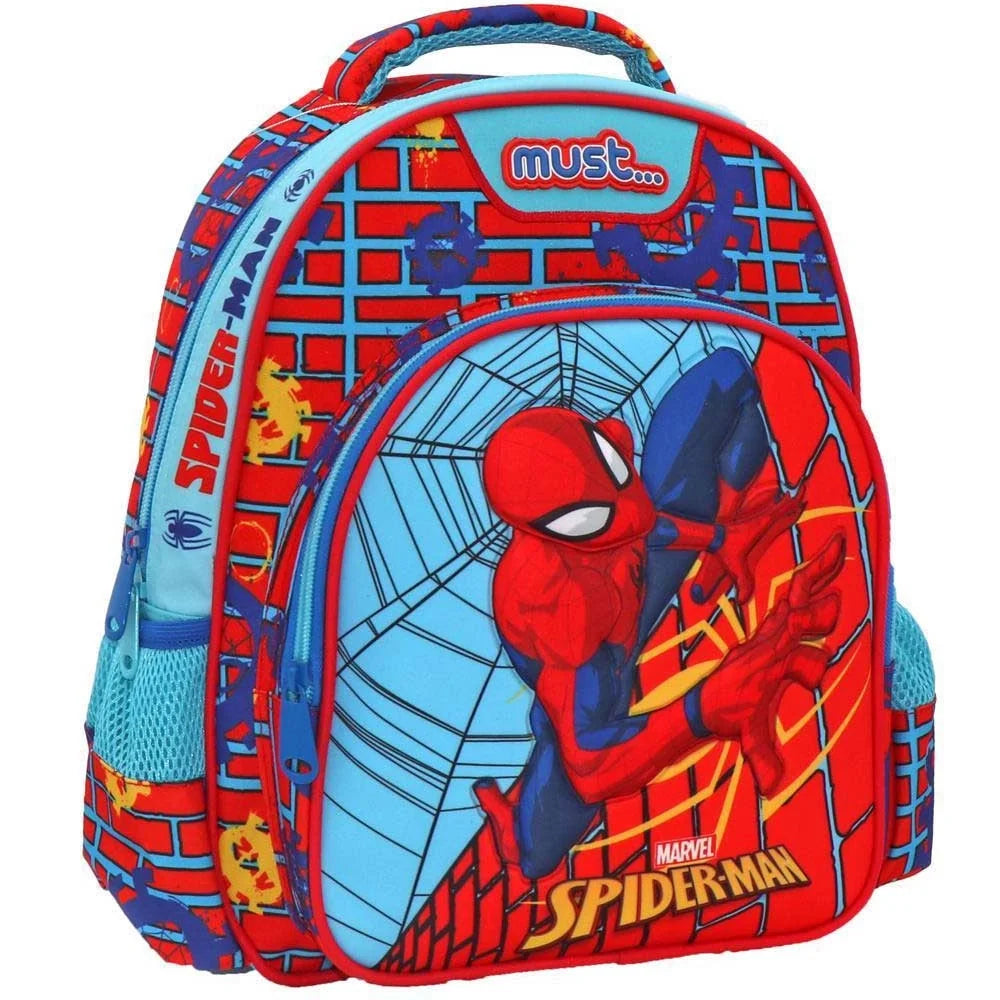 3D Spider-Man backpack with red-blue graphics, front panel, and 2 compartments