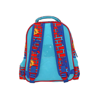 Spider-Man backpack back view with blue straps and red-blue city print