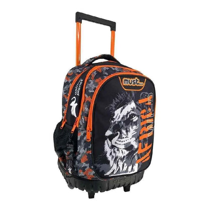 Kids 17 in lion rolling trolley backpack, black and orange, 3 compartments