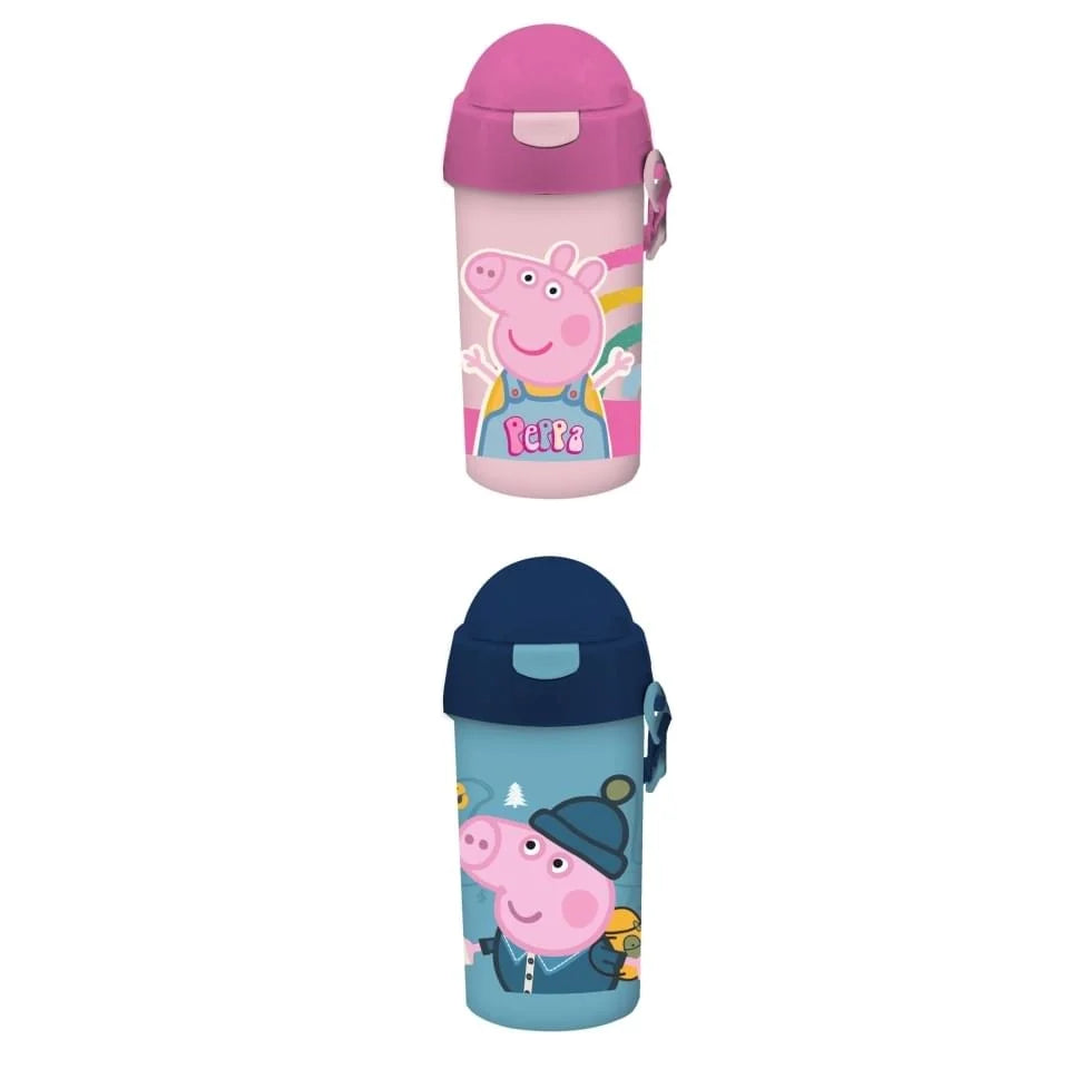 Peppa Pig water bottle 500ml with straw, pink and blue bottles with character prints