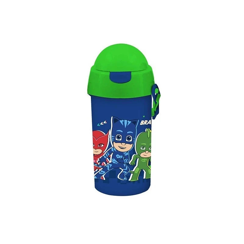 500ml kids water bottle with straw, blue body and green flip lid, PJ Masks print.