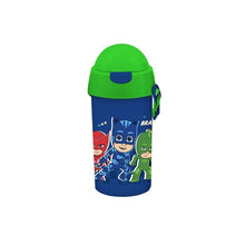 500ml kids water bottle with straw, blue body and green flip lid, PJ Masks print.