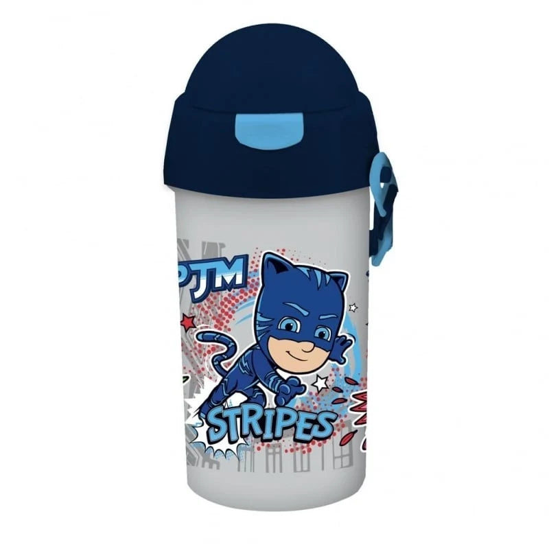 500ml kids water bottle with straw, white body and dark blue flip lid, PJ Masks art.