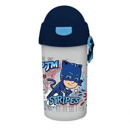 500ml kids water bottle with straw, white body and dark blue flip lid, PJ Masks art.