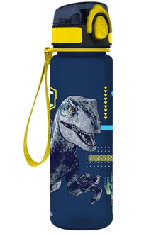 650 ml water bottle with blue dinosaur graphic, yellow flip lid and carry strap