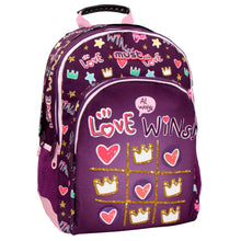 Dark purple 3-compartment backpack with Love Wins graphic, hearts, crowns, and stars