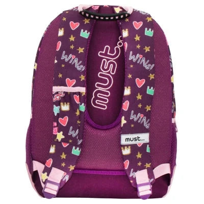 Dark purple backpack front view with Love Wins text, side pockets, and adjustable straps
