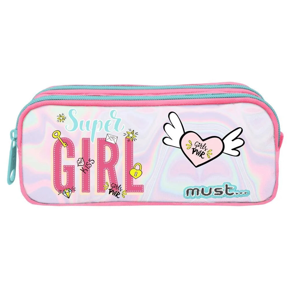 Pastel pink-blue pencil case with two zippers, 'Super Girl' graphic front