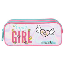 Pastel pink-blue pencil case with two zippers, 'Super Girl' graphic front