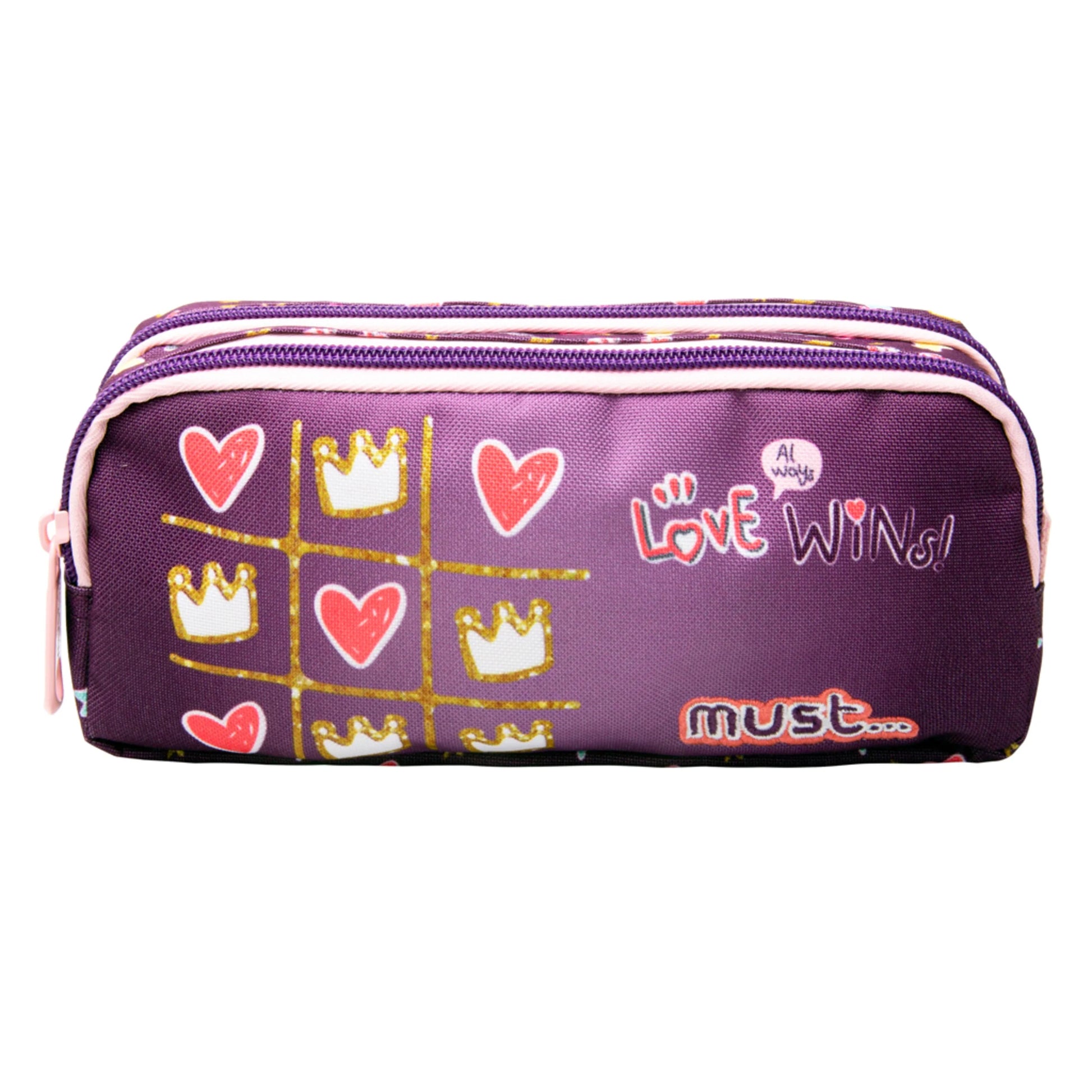 Purple two-zip pencil case with heart pattern and Love Wins text