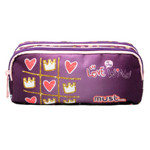 Purple two-zip pencil case with heart pattern and Love Wins text
