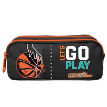 Black pencil case with two orange zippers and “Go Play” basketball graphic.