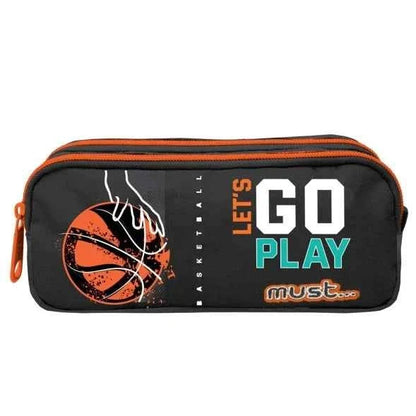 Black 2-zip pencil case with orange trim and basketball “Let’s Go Play” design panel.