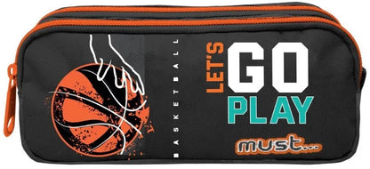 Black two-zip pencil case with orange trim and “Go Play” basketball design.