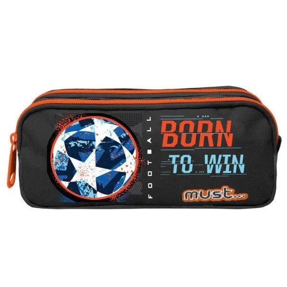Black zippered pencil case with orange trim and 'Born to Win' graphic