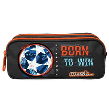 Black zippered pencil case with orange trim and 'Born to Win' graphic