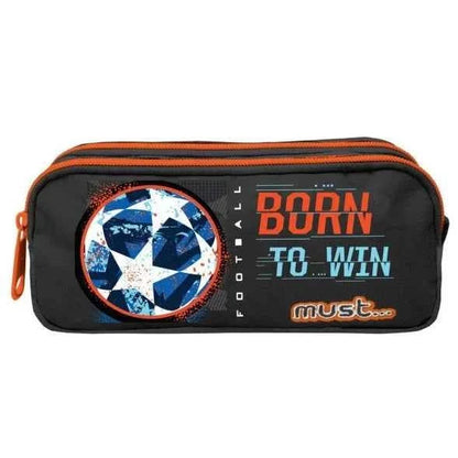 Black 2-zip pencil case with orange piping and basketball badge front graphic.