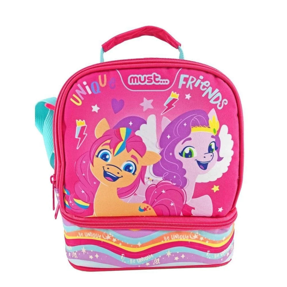 Pink zippered kids lunch bag with pony character print