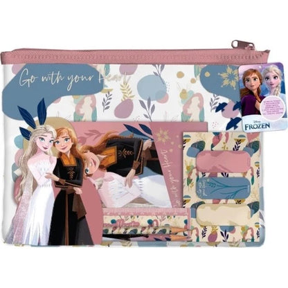 Printed Frozen stationery set in a zip pouch with character designs and compartments