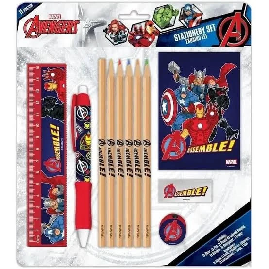 Avengers 11-piece stationery set with pencil, ruler, stickers, and assemble activity