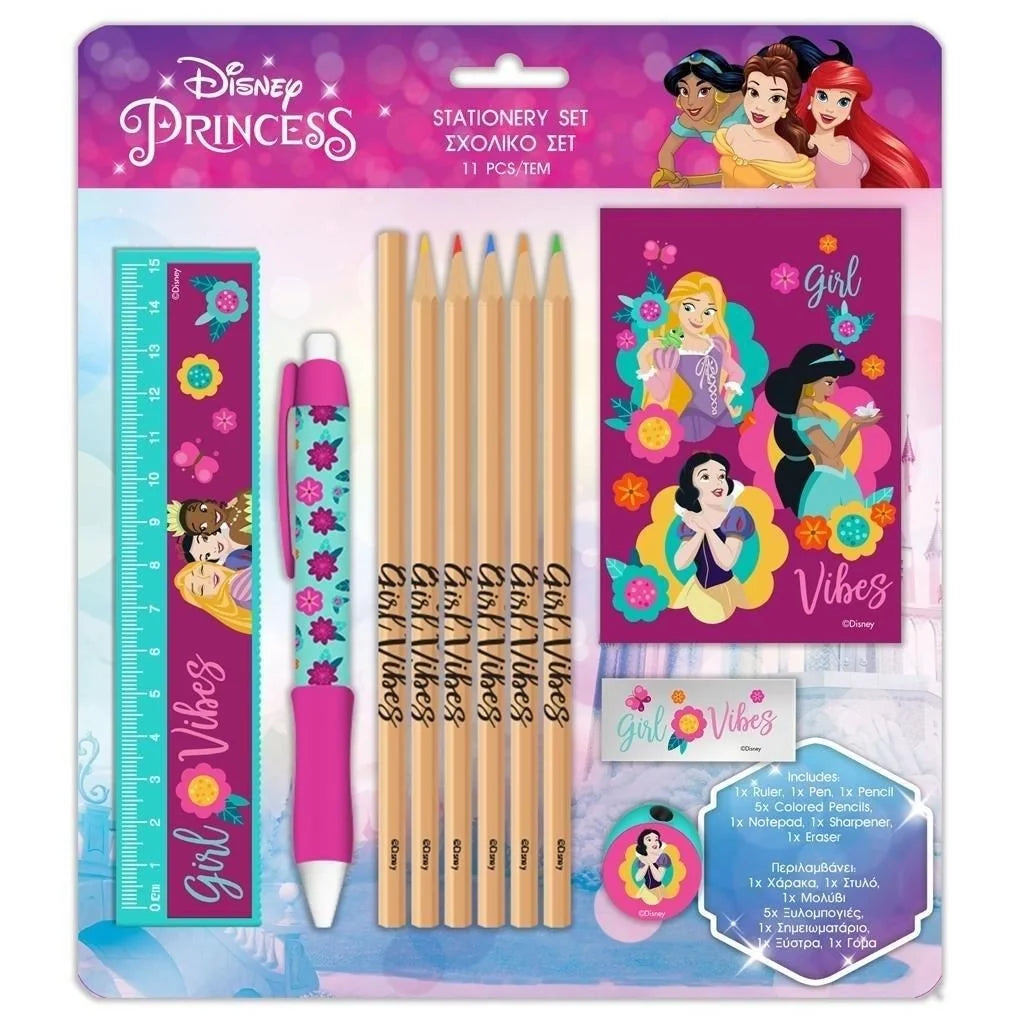Disney Princess stationery set with ruler, flower pen, and wooden pencils in gift box
