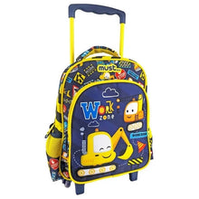 Blue and yellow kids work-zone rolling trolley backpack with graphic front, top handle, wheels