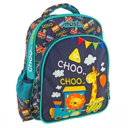 Kids' 12.5" backpack with train graphic, teal trim, two front zip pockets