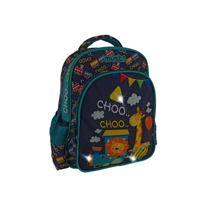 Kids' 12.5" backpack with CHOO train print, teal border, front zip compartment