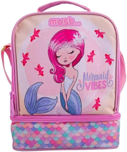 Isothermal lunch bag with pink mermaid graphic and rainbow scale front