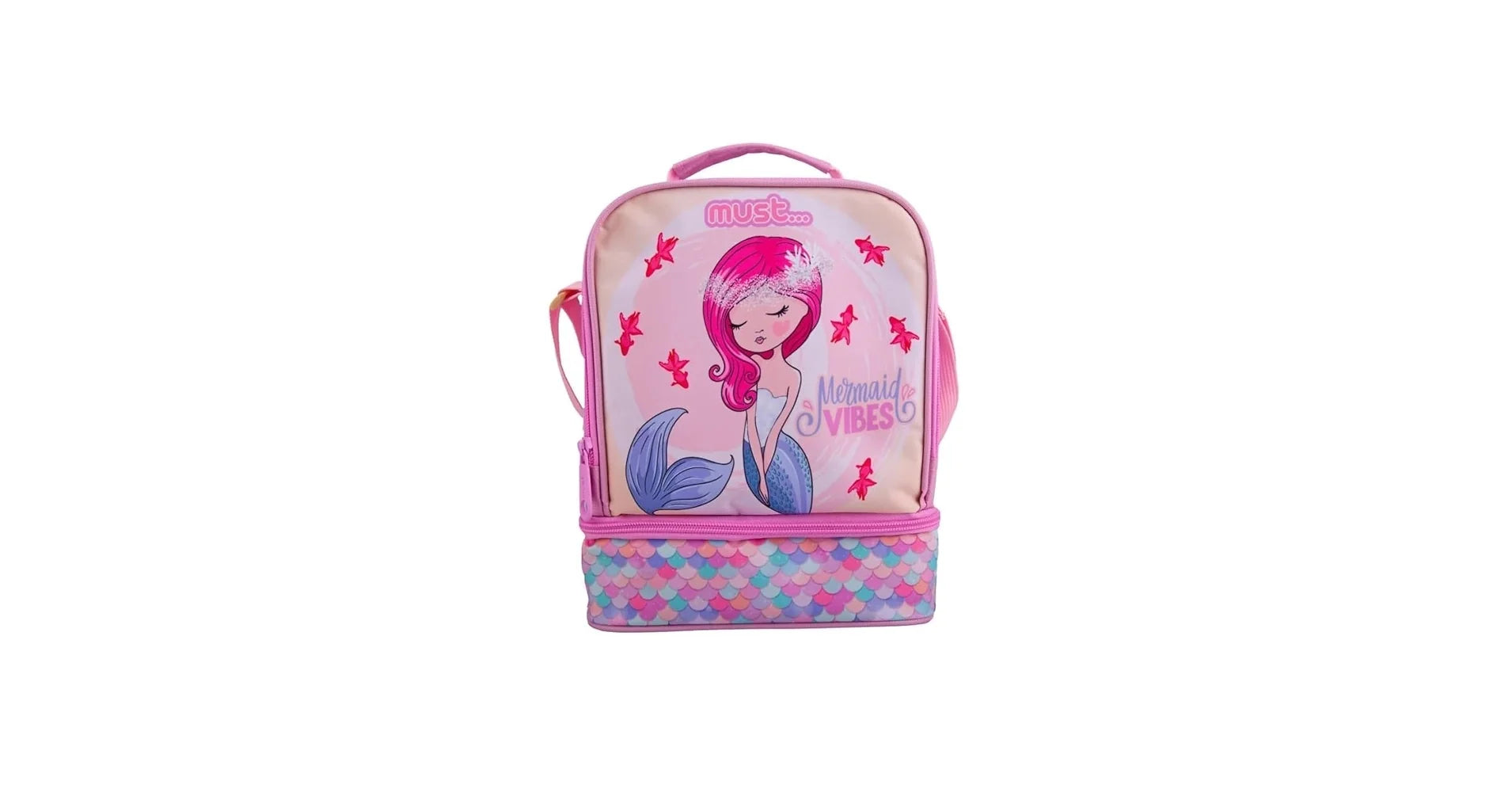 Isothermal lunch bag with pink mermaid print, top handle, and scale-pattern base