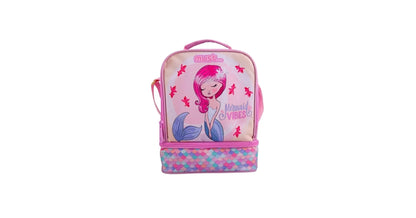 Isothermal lunch bag with pink mermaid print, top handle, and scale-pattern base