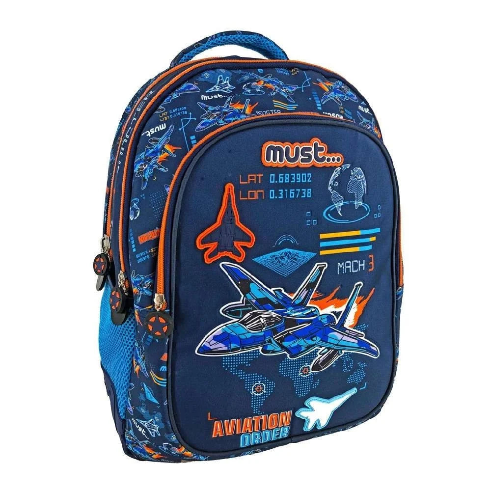 Dark blue aviation-themed backpack with front zipper pocket and orange trim