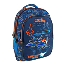 Dark blue aviation-themed backpack with front zipper pocket and orange trim