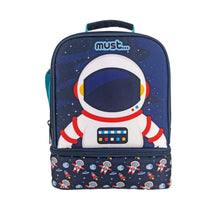 Insulated lunch bag with astronaut space print, front zipper and top carry handle