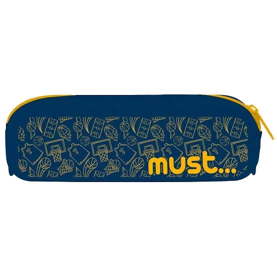 Navy silicone pencil pouch with must… print, patterned icons, and gold zipper