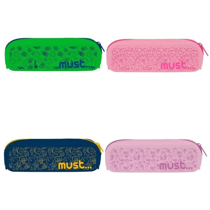 Set of 4 silicone pencil pouches in green, pink, and navy with must… prints and zippers