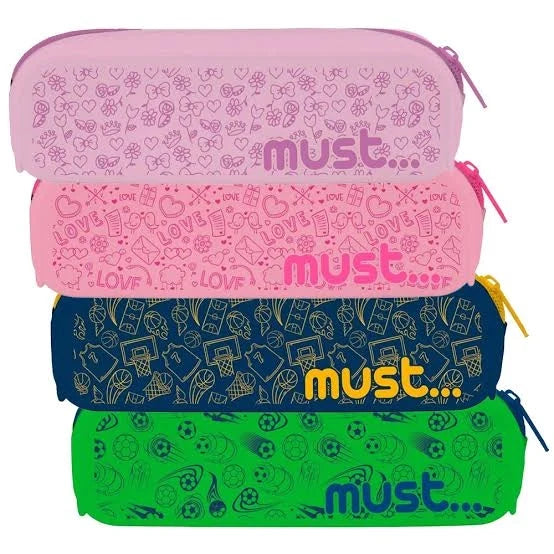 Stacked set of 4 silicone pencil pouches with must… logos in pink, navy, and green