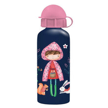 500ml aluminum water canteen with navy body, pink dome lid, rain-themed cartoon print
