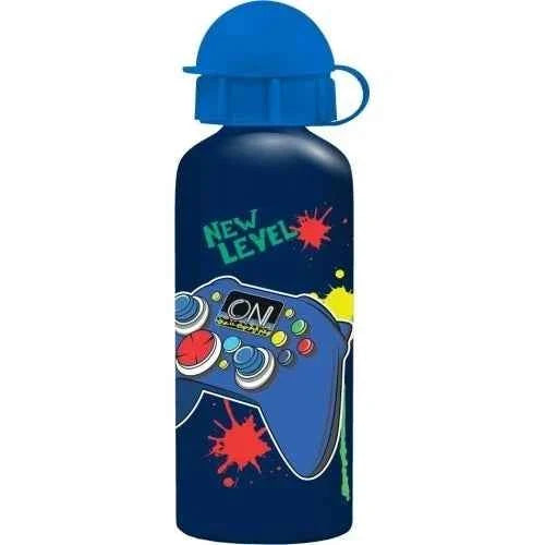 500ml aluminum water bottle with blue top, game controller graphic