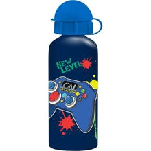 Blue aluminum water bottle 500ml with flip-top cap and carry loop, 'New Level' graphic.