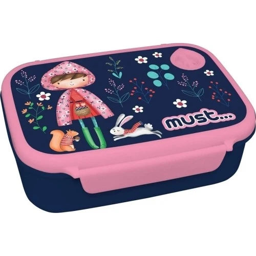 MUST Hello Rain 800ml lunch box, pink lid and navy base with character illustration