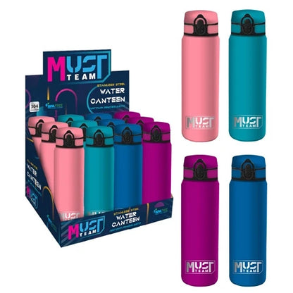 MUST stainless steel water container set, pink teal purple blue 600ml, black lids
