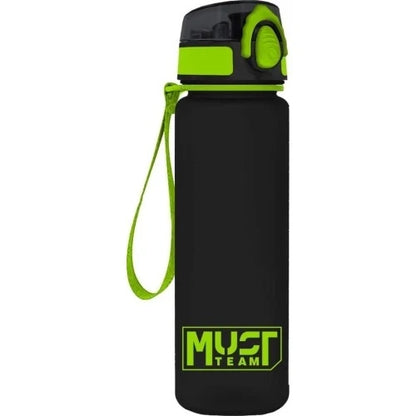 Plastic water canteen, black bottle with green cap and wrist strap, MUFT logo.