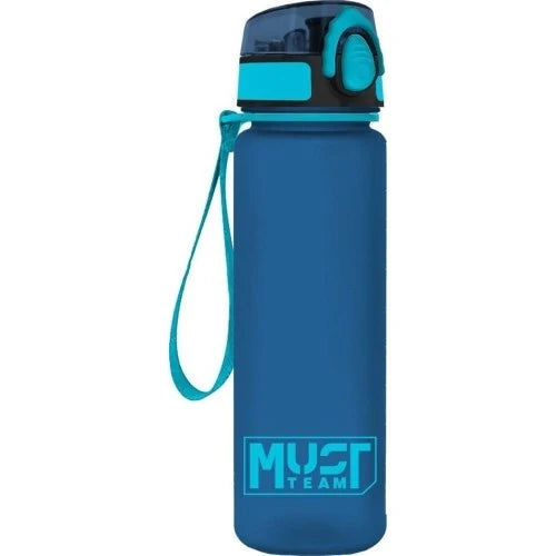 Plastic water canteen, blue bottle with turquoise cap and wrist strap, MUFT logo.