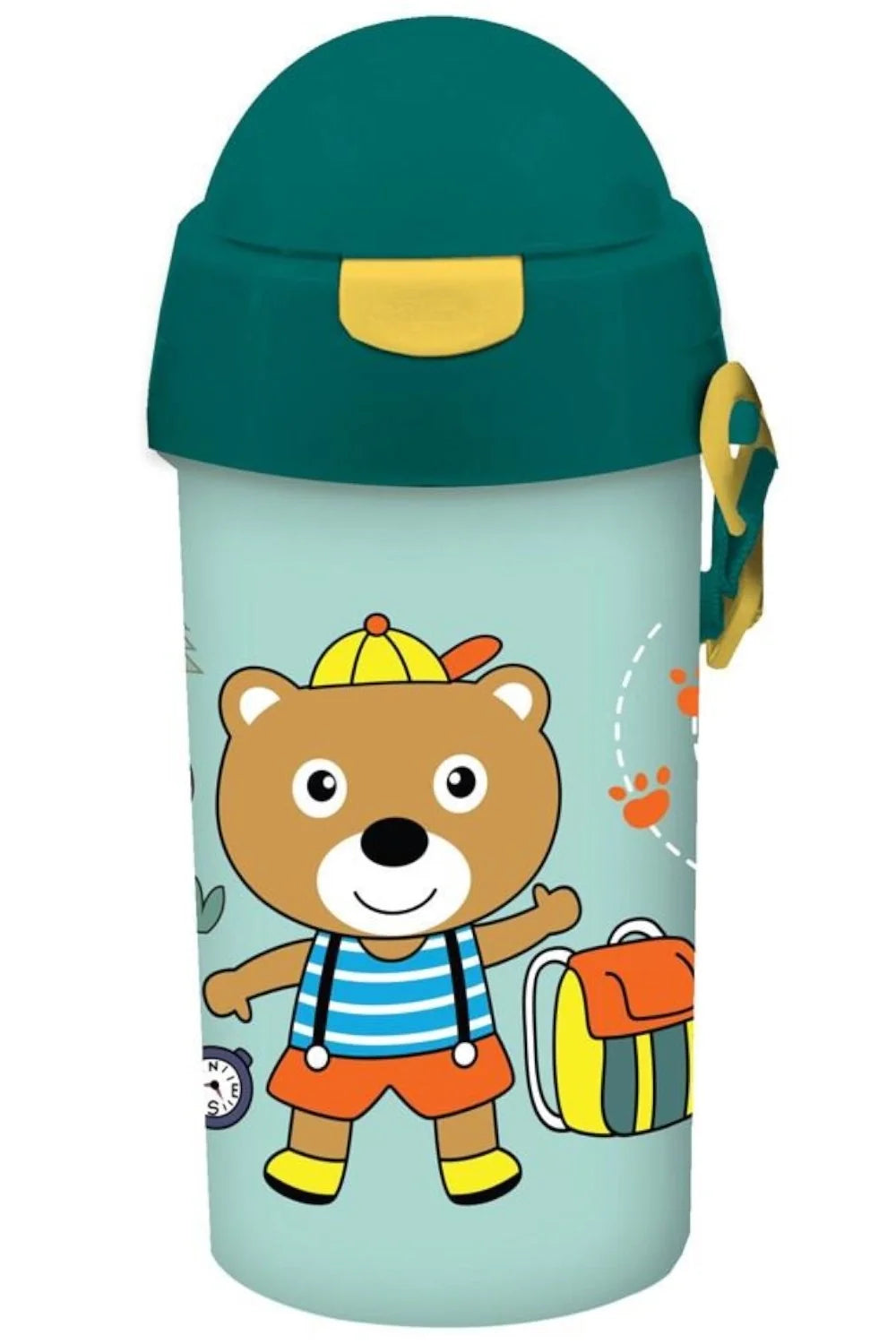 MUST 500ml camp water canteen, light teal with bear graphic and teal flip lid