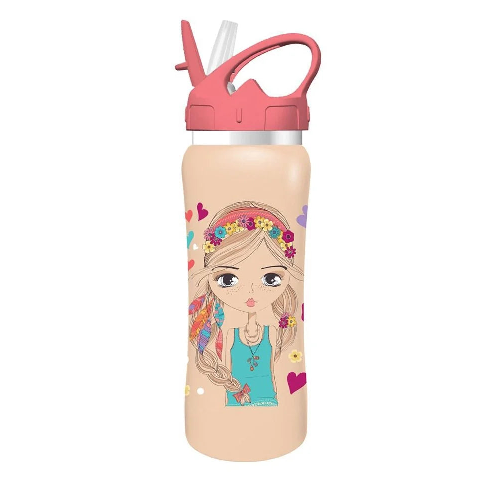 500ml stainless steel bottle with pink flip lid and illustrated girl graphic
